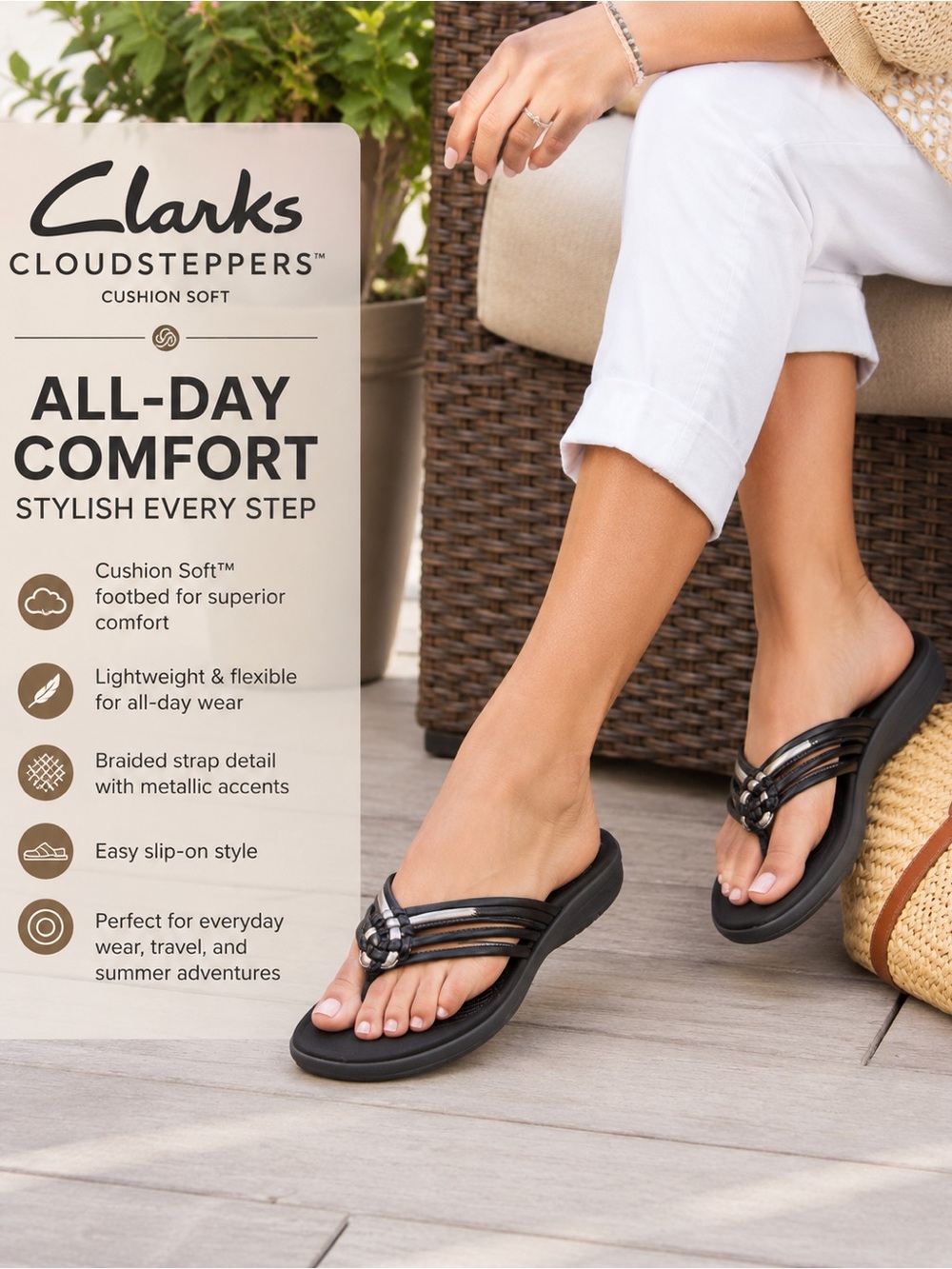 Women’s Clarks Cloudsteppers Cushion Black Braided Strap Flip Flops